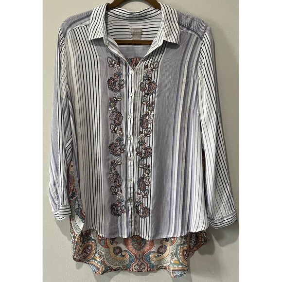 Chico's Tops - Chicos Button Up Shirt Womens 3P XL Embroidered Floral Paisley Long Sleeve MOP‎